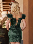 Sequin Off The Shoulder Lace Up-Corset Short Homecoming Dress With Feather
