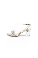 Silver Sequined Ankle Buckle Open Toe Chunky Heels