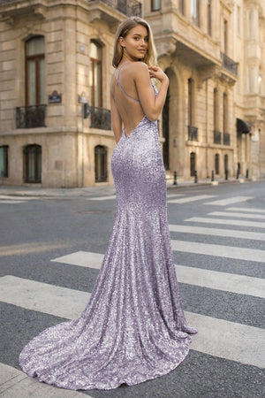 Sequined Prom Dress Mermaid V-Neck Sweep Train With Pleated - KISSPROM PROM DRESSES