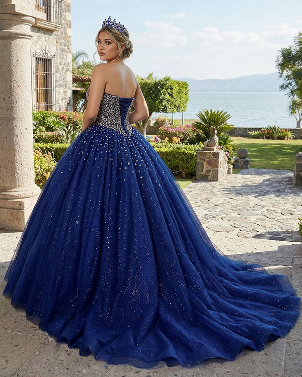 KissProm- Navy Blue Sweetheart Tulle Quinceanera Dresses With Beadings