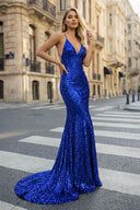 Sequined Prom Dress Mermaid V-Neck Sweep Train With Pleated - KISSPROM PROM DRESSES