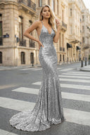 Sequined Prom Dress Mermaid V-Neck Sweep Train With Pleated - KISSPROM PROM DRESSES