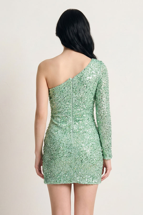 Mint Green Bodycon One-Shoulder Sequins Mini Party Dresses - KissProm