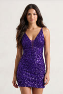 Purple Sheath Sequins Spaghetti Straps Mini Party Dresses - Kissprom