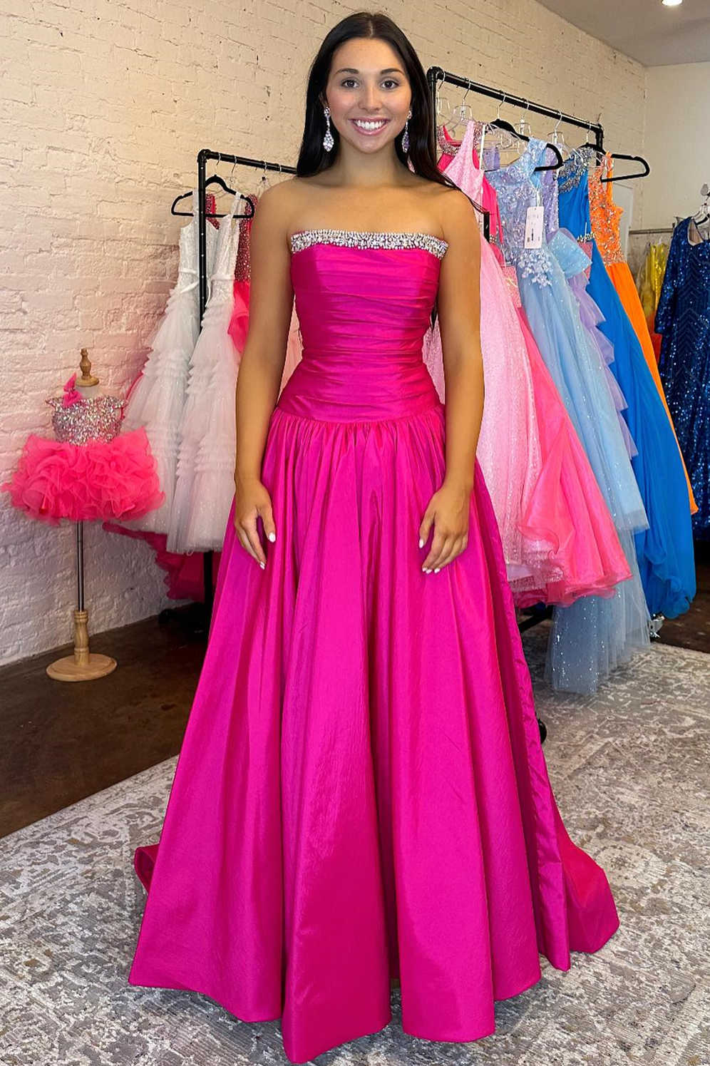 Seraphia | Strapless Fuchsia Beaded A - Line Long Prom Dresss - KissProm