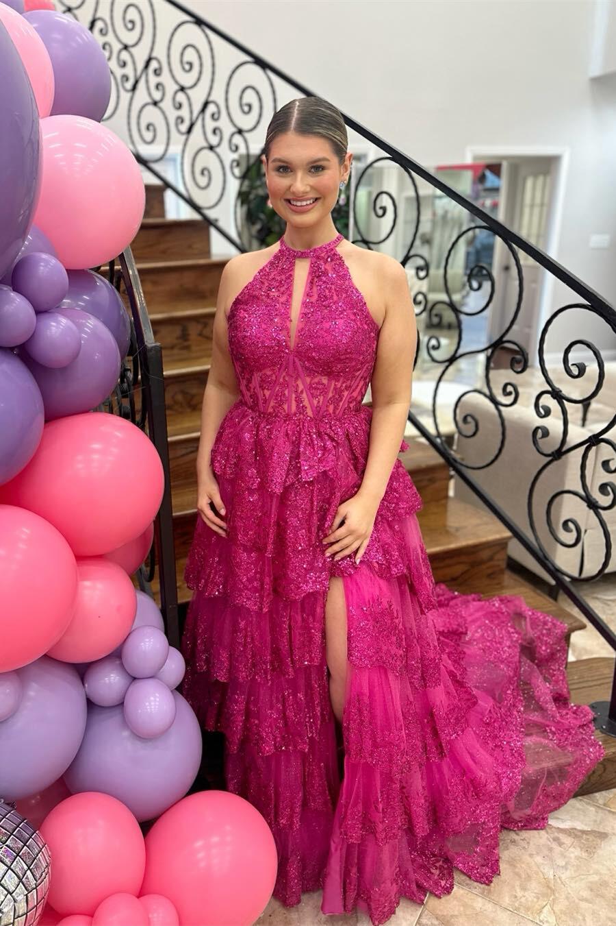 Seraphine | High Neck Sleeveless Empire Lace Tiered Long Formal Dress - KissProm