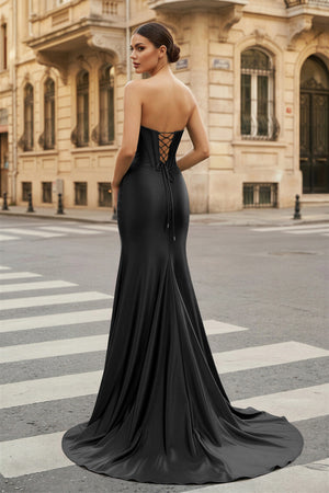 KissProm-Black Strapless Sheath Satin Long Prom Dress With Split