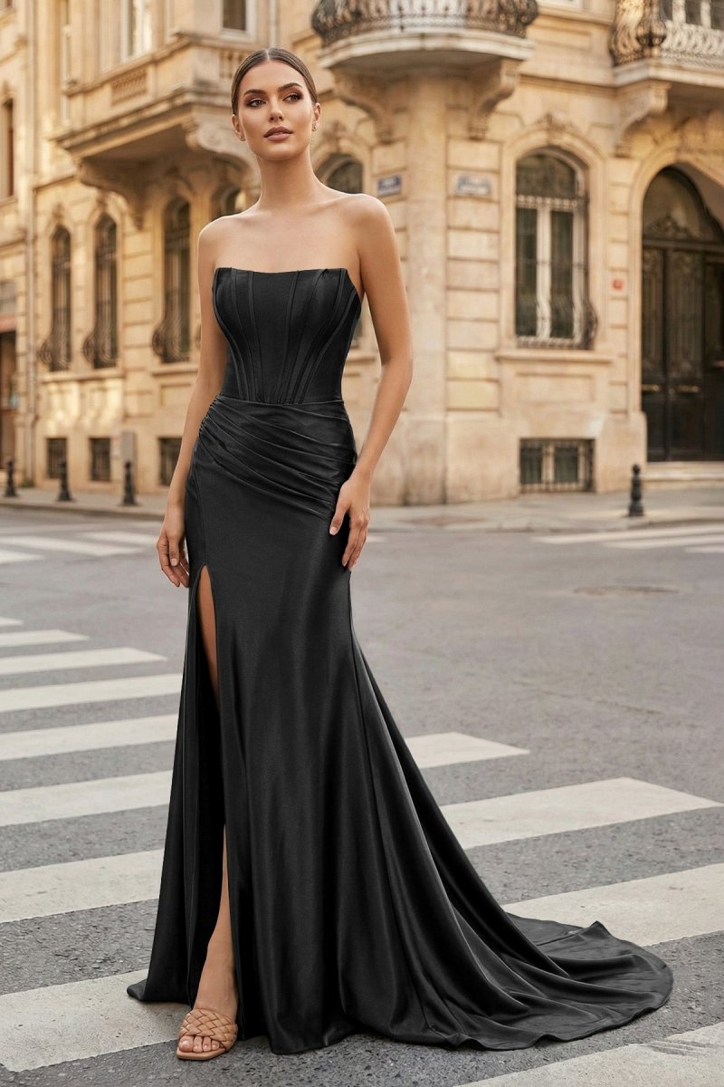 Dark Green Strapless Sheath Satin Long Prom Dress With Split Dark Green Strapless Sheath Satin Long Prom Dress With Split