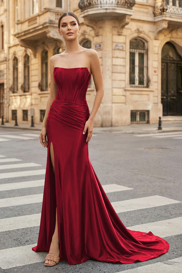 KissProm-Burgundy Strapless Sheath Satin Long Prom Dress With Split