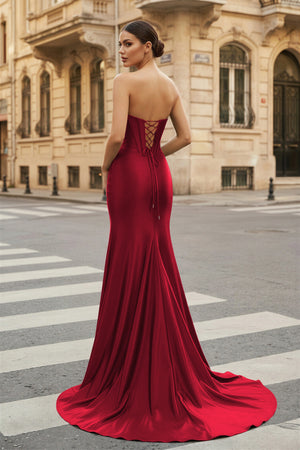 KissProm-Burgundy Strapless Sheath Satin Long Prom Dress With Split