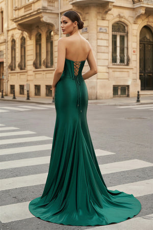 KissProm-Dark Green Strapless Sheath Satin Long Prom Dress With Split