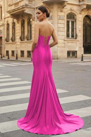 KissProm-Fuchsia Strapless Sheath Satin Long Prom Dress With Split