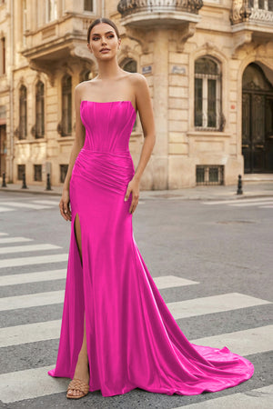 KissProm-Fuchsia Strapless Sheath Satin Long Prom Dress With Split