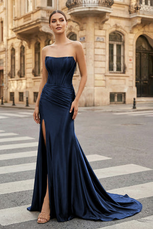 KissProm-Navy Blue Strapless Sheath Satin Long Prom Dress With Split