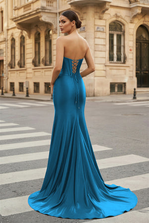 KissProm-Peacock Strapless Sheath Satin Long Prom Dress With Split