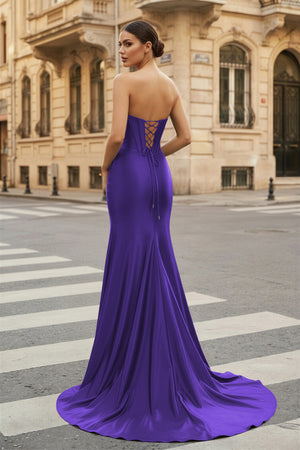 KissProm-Purple Strapless Sheath Satin Long Prom Dress With Split
