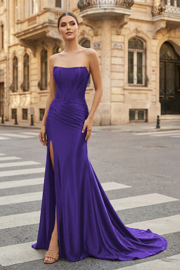 KissProm-Purple Strapless Sheath Satin Long Prom Dress With Split