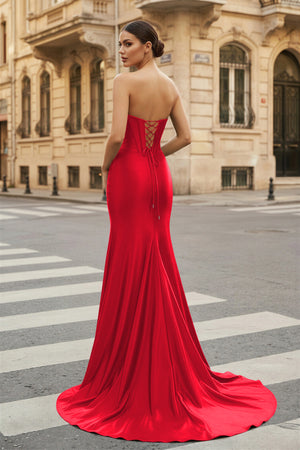 KissProm-Red Strapless Sheath Satin Long Prom Dress With Split