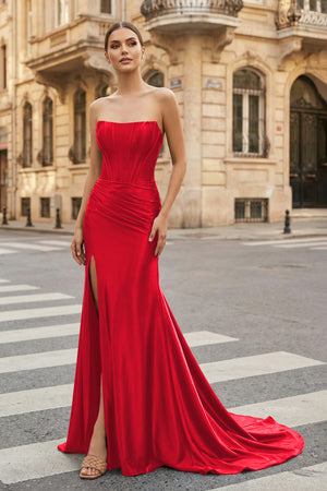 KissProm-Red Strapless Sheath Satin Long Prom Dress With Split
