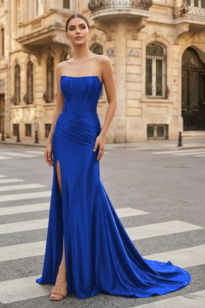 KissProm-Royal Blue Strapless Sheath Satin Long Prom Dress With Split