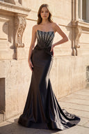 Black Strapless Mermaid Satin Long Prom Dress With Beading - KissProm