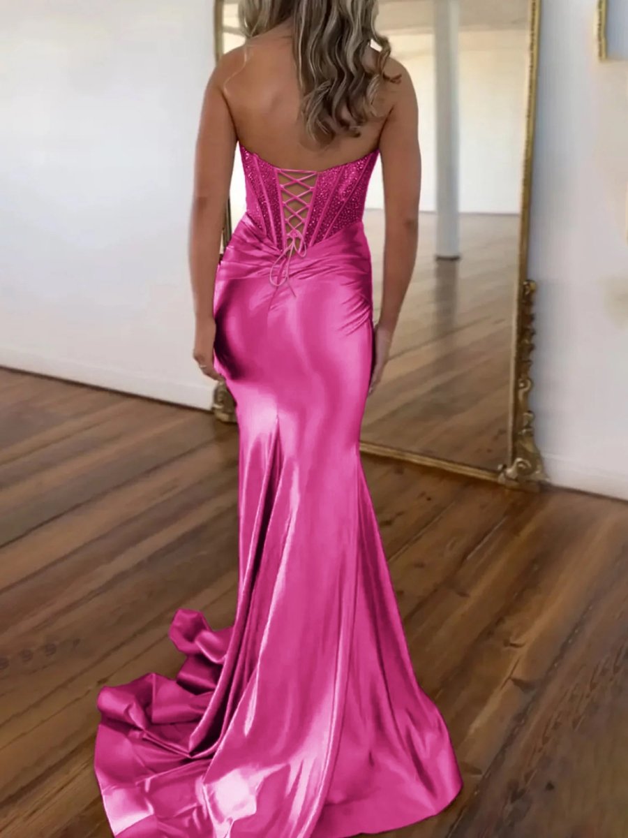Purple Strapless Mermaid Satin Long Prom Dress With Beading, Fuchsia / 2 Purple Strapless Mermaid Satin Long Prom Dress With Beading, Fuchsia / 2