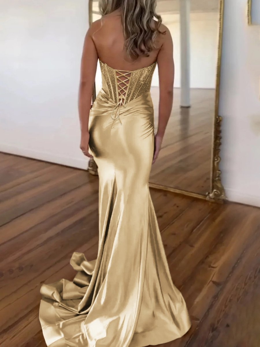 Purple Strapless Mermaid Satin Long Prom Dress With Beading Gold / 16 Purple Strapless Mermaid Satin Long Prom Dress With Beading Gold / 16