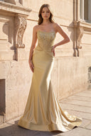 Golden Strapless Mermaid Satin Long Prom Dress With Beading - KissProm