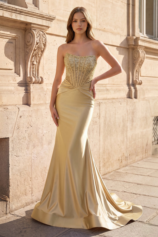 Golden Strapless Mermaid Satin Long Prom Dress With Beading - KissProm