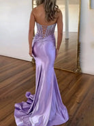 Serin | Purple Strapless Mermaid Satin Long Prom Dress With Beading - KissProm