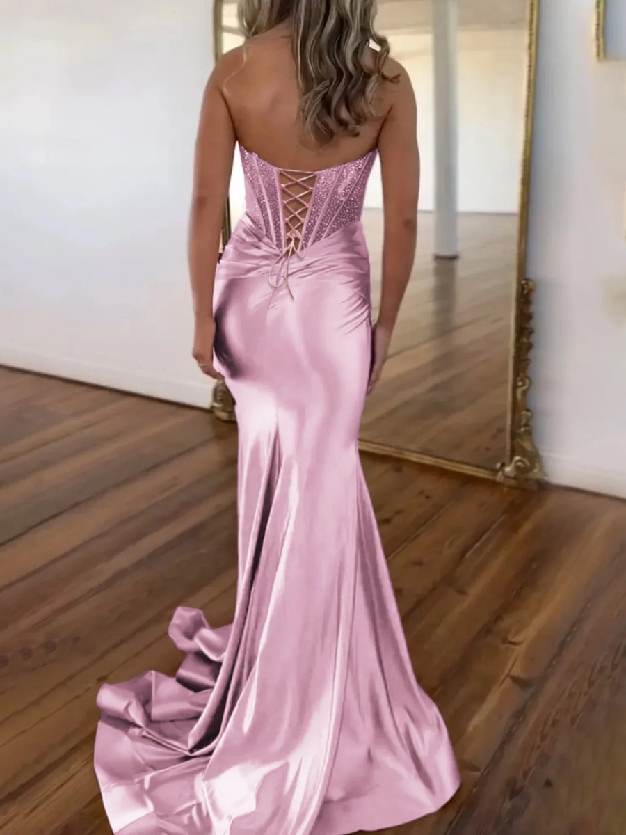 Serin | Pink - Strapless Mermaid Satin Long Prom Dress With Beading-KissProm