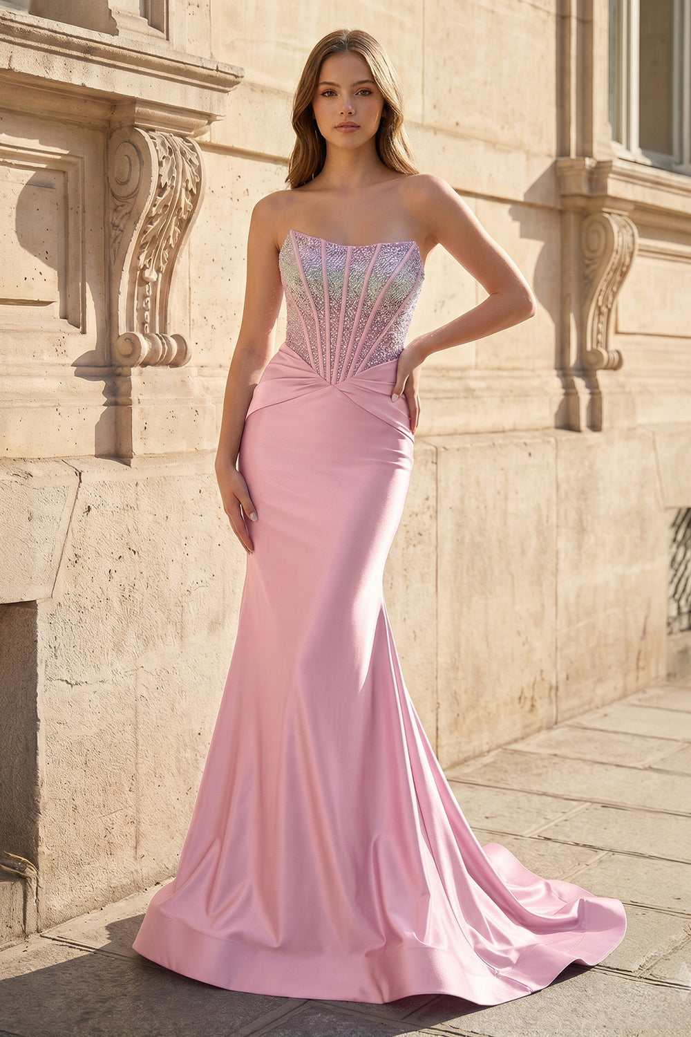 Pink Strapless Mermaid Satin Long Prom Dress With Beading - KissProm