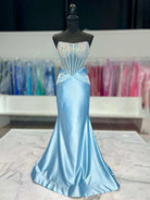 Serin | Sky Blue - Strapless Mermaid Satin Long Prom Dress With Beading-KissProm