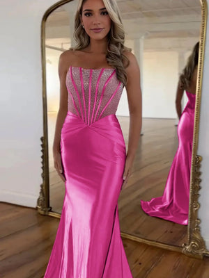 Serin | Fuchsia - Strapless Mermaid Satin Long Prom Dress With Beading-KissProm