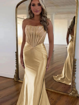Serin | Gold - Strapless Mermaid Satin Long Prom Dress With Beading-KissProm