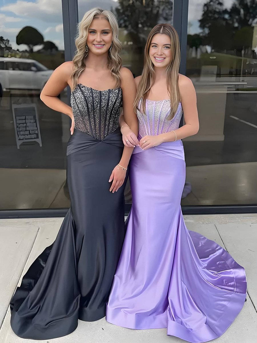 Purple Strapless Mermaid Satin Long Prom Dress With Beading Black / 12