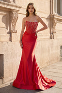 Red Strapless Mermaid Satin Long Prom Dress With Beading - KissProm