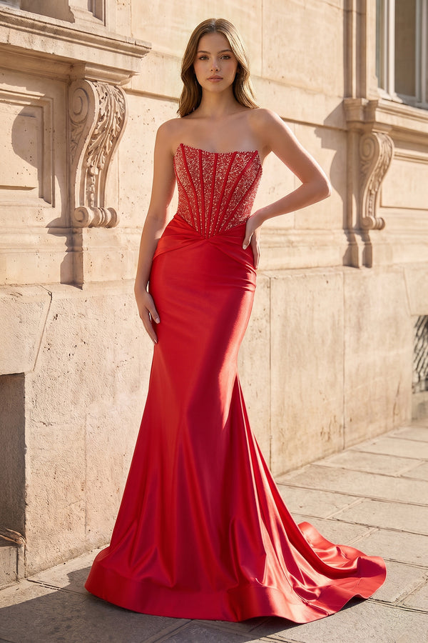 Red Strapless Mermaid Satin Long Prom Dress With Beading - KissProm