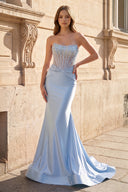 Sky Blue Strapless Mermaid Satin Long Prom Dress With Beading - KissProm