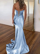 Serin | Sky Blue - Strapless Mermaid Satin Long Prom Dress With Beading-KissProm