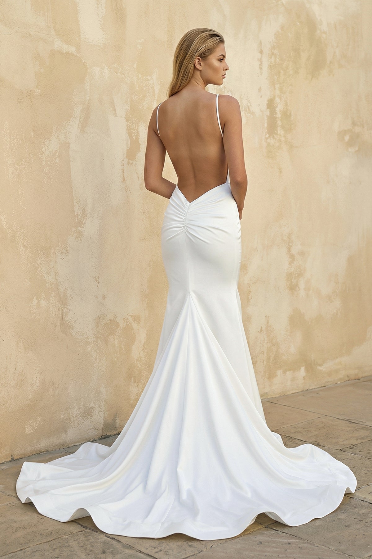 Sex Low Back Mermaid Satin Sleeveless Wedding Dresses, Diamond White / 4
