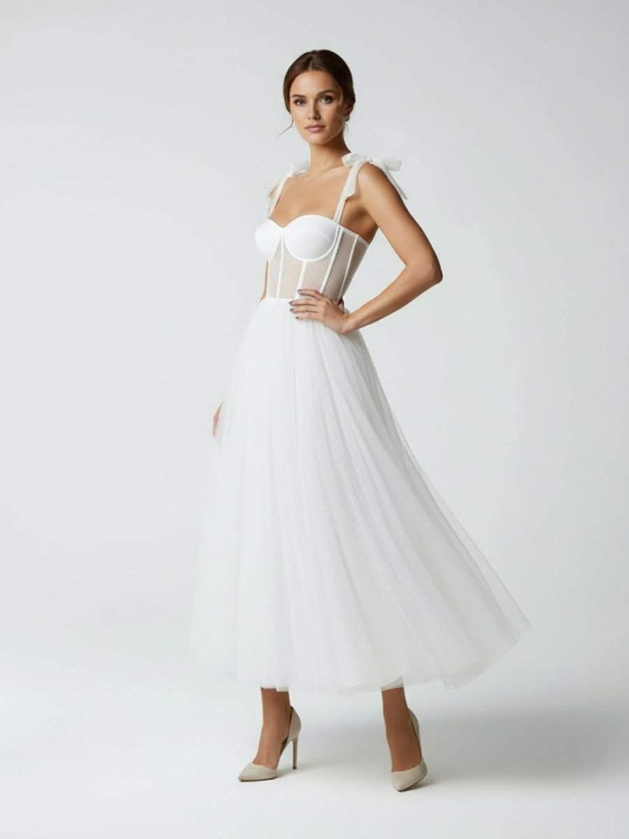 KissProm Sex Short White Wedding Dresses With Tulle Tea-Length, Champagne / 12