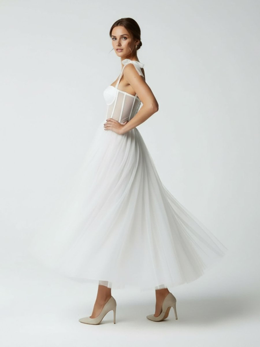 KissProm Sex Short White Wedding Dresses With Tulle Tea-Length, Champagne / 12