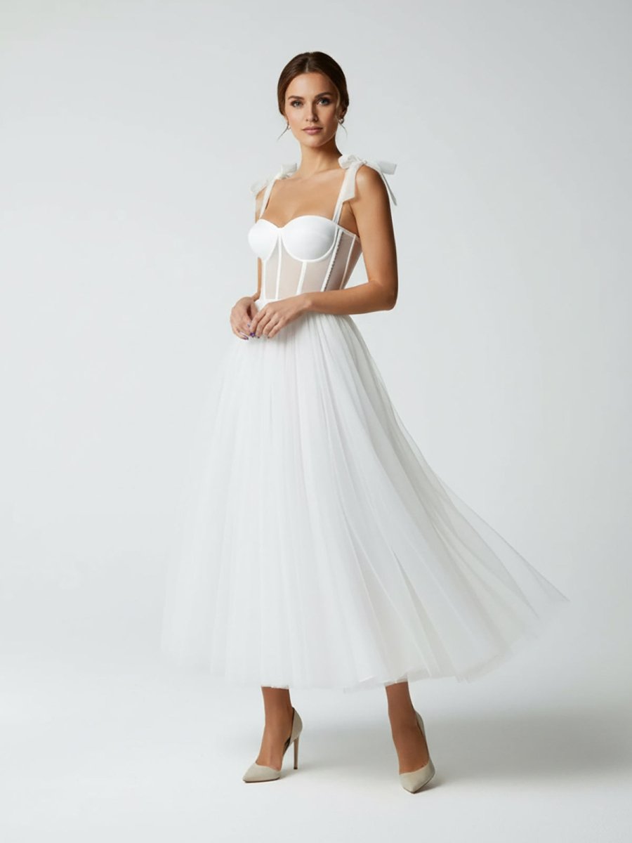 KissProm Sex Short White Wedding Dresses With Tulle Tea-Length, Champagne / 12
