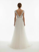 Sexy A Line Plunging Neckline Tulle Sweep Train Wedding Dress with Appliques - KissProm