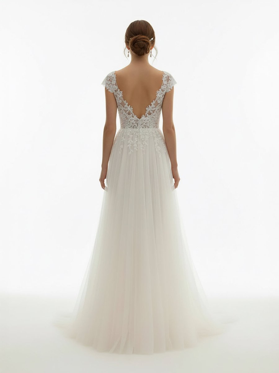 Sexy A Line Plunging Neckline Tulle Sweep Train Wedding Dress with Appliques - KissProm