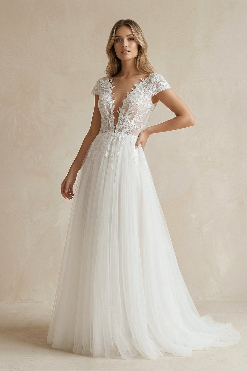 Sexy A Line Plunging Neckline Tulle Sweep Train Wedding Dress with Appliques -Wedding Dresses by KissProm | Available at KissProm