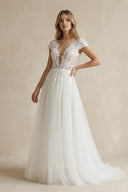 Sexy A Line Plunging Neckline Tulle Sweep Train Wedding Dress with Appliques -Wedding Dresses by KissProm | Available at KissProm