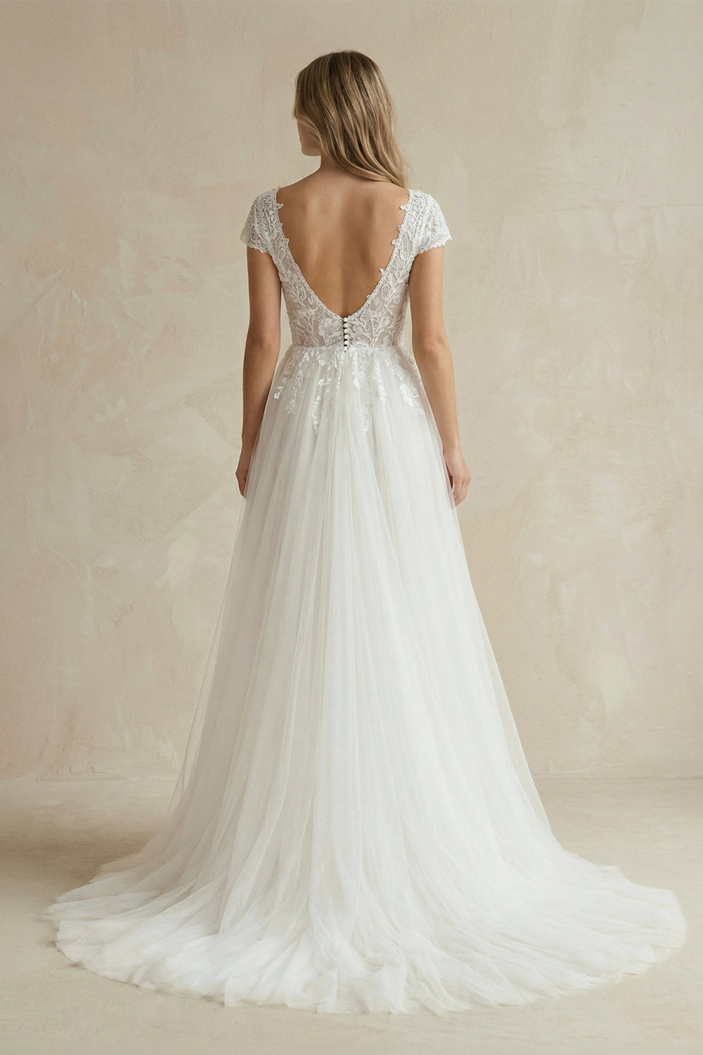 Sexy A Line Plunging Neckline Tulle Sweep Train Wedding Dress with Appliques -Wedding Dresses by KissProm | Available at KissProm
