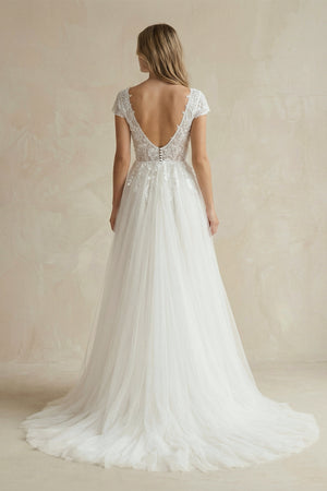 Sexy A Line Plunging Neckline Tulle Sweep Train Wedding Dress with Appliques -Wedding Dresses by KissProm | Available at KissProm